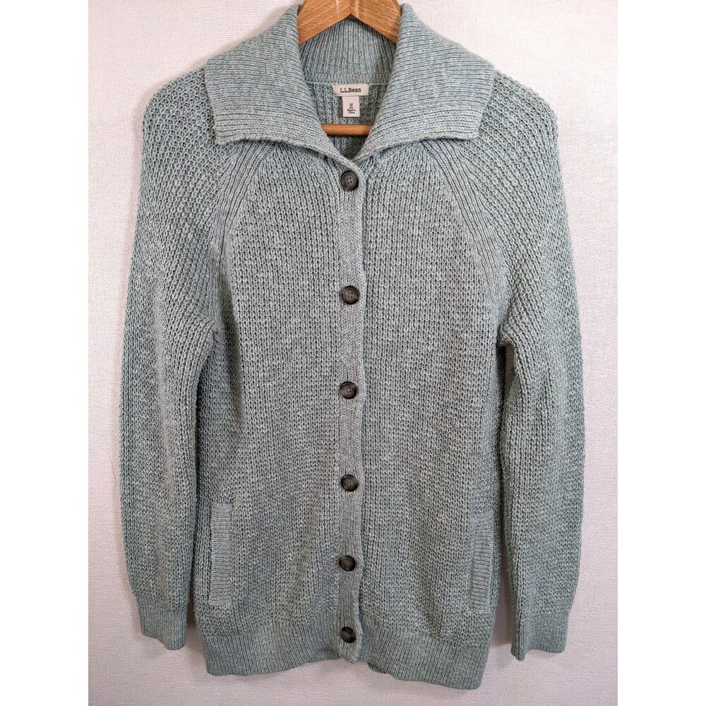 LL Bean Cardigan Sweater Women's Medium Aqua Shawl Collar Chunky Knit Mid Length